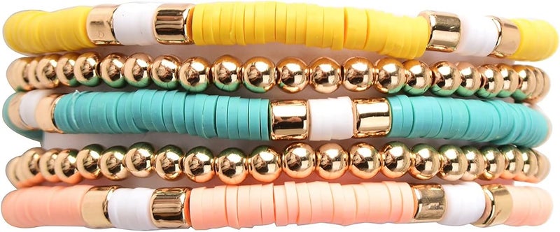 GOOJIDS Surfer Heishi Clay Bead Bracelets for Women Bohemian Stackable Gold Plated Beaded Stretch Bracelets Elastic Layering Friendship Bracelets Set Boho Jewelry - Image 2